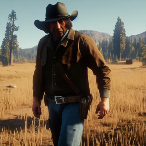 Image similar to Film still of Anton Chigurh, from Red Dead Redemption 2 (2018 video game), no hat, no text