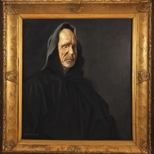 Image similar to a portrait of a man wearing a long dark cloak, hood and shadows covering face, oil painting, high detail