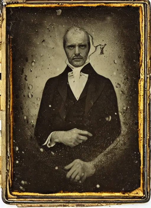 Prompt: old wetplate daguerreotype portrait of a mad man, explosion of data fragments, fractal, intricate, elegant, highly detailed, parallax, leica, medium format, subsurface scattering, by jheronimus bosch and greg rutkowski and louis jacques mande daguerre