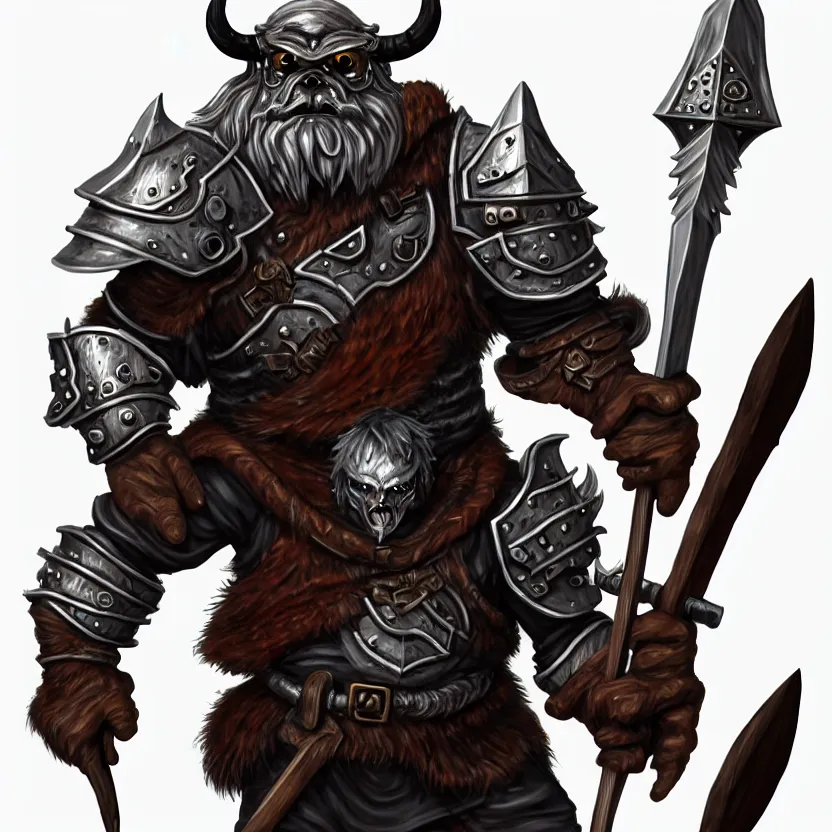 Prompt: bugbear, class hunter, d & d, dungeons and dragons, ornate steel armour, playing flaming axe bass guitar, beard, male, strong outline, character design on white background, gnarly details, by kim jung giu, trending on artstation, denoised