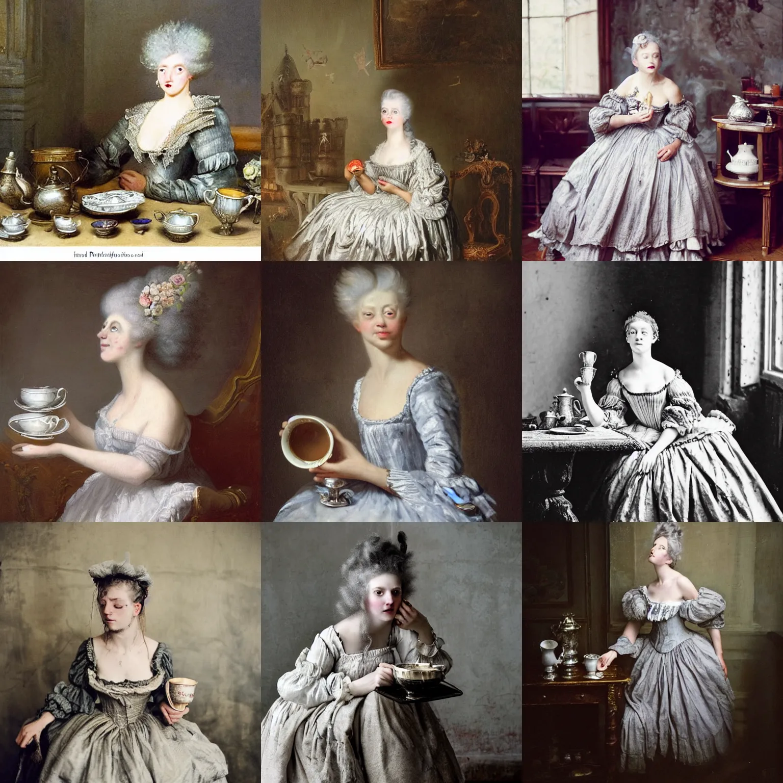 Prompt: A messy, silver haired, (((mad))) princess from the 18th century, dressed in a ((ragged)), dirty, 18th century silver wedding dress, is ((drinking a cup of tea)), in her right side is a porcelain tea set. She is in her ((underwater, precious, scarry castle)). mystical, atmospheric, greenish blue tones, water, seaweed and bubles, dreamlike, atmospheric, underwater photography, concept art by John Everett Millais, John Everett Millais,Annie Stegg Gerard, Ian David Soar, John Anster Fitzgerald