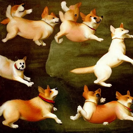 Prompt: happy corgi dog flying through cosmos, renaissance art style