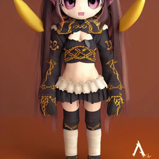 Image similar to cute fumo plush of a goat girl with horns, anime girl, tribal outfit with intricate celtic knot patterns, golden pauldrons, gothic maiden princess, artstation, vray