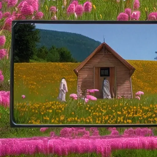 Prompt: vhs 1 9 8 0 s footage of a scene from the movie midsommar, center of screen a - line shaped wooden cabin on fire center of screen, field of flowers