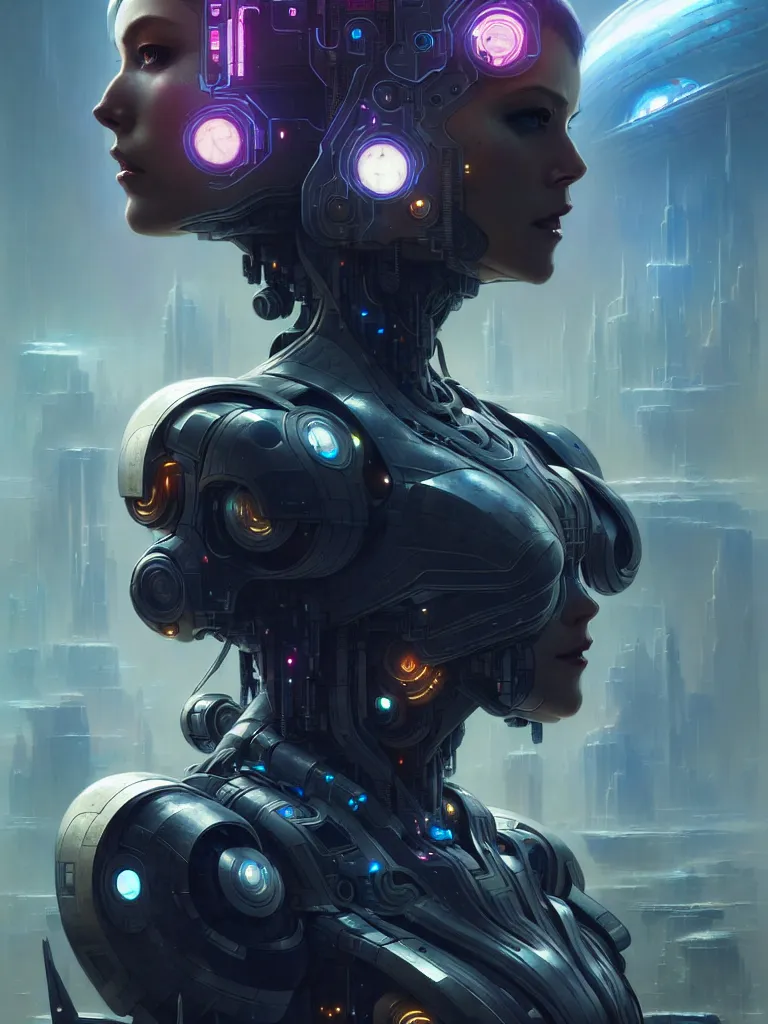 Image similar to ultra realistic, beautiful female cyborg lost in a space metropolis, sci-fi, cyberpunk, concept art, intricate details, eerie, highly detailed, octane render, 8k, , art by artgerm and greg rutkowski and alphonse mucha