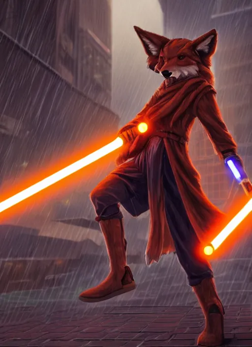 Image similar to character portrait of a anthro coyote fursona wearing jedi robes wielding an orange lightsaber in a cyberpunk city at night while it rains. hidari, color page, tankoban, 4K, tone mapping, Akihiko Yoshida.