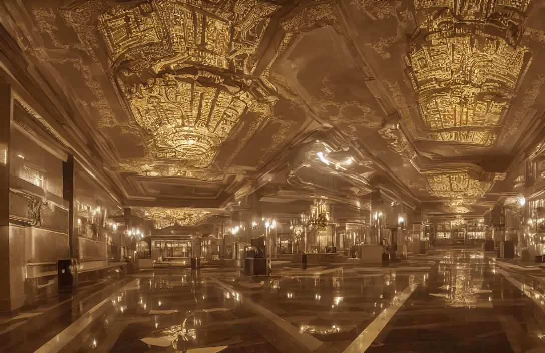 Prompt: photo of an art-deco imperial palace interior, dramatic lighting