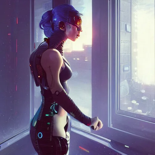 Prompt: portrait of cyberpunk woman looking out of a window, cyberpunk setting, futuristic, highly detailed, intricate lighting, digital painting, sharp focus, illustration, trending on artstation, art by peter mohrbacher.