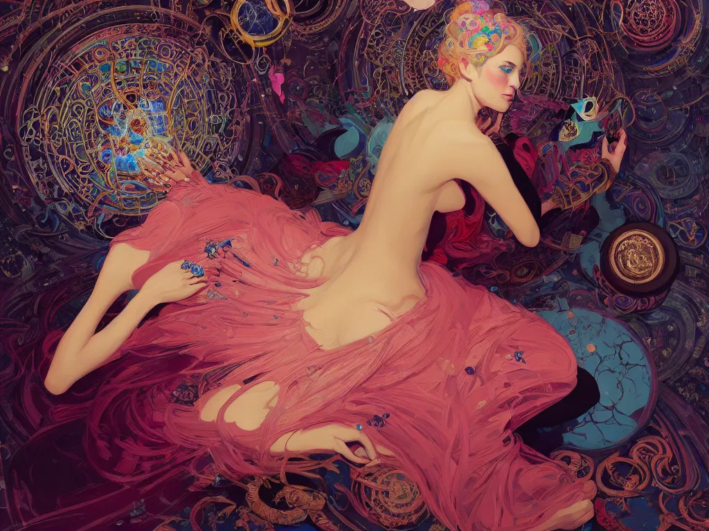 Image similar to high angle picture of a maximalist dress witch sitting on the floor and researching about the azathoth, extremely beautiful and aesthetic and detailed cute face, very huge magic circles on the hand, with familiar sprites, in the magic room, chiaroscuro, intricate, masterpiece, fantasy illustrations by ilya kuvshinov and jeremy lipking and quentin mabille