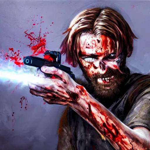 Image similar to Pewdiepie killing a zombie with a gun, dynamic lighting, oil painting, 8k, detailed, cinematic, futuristic