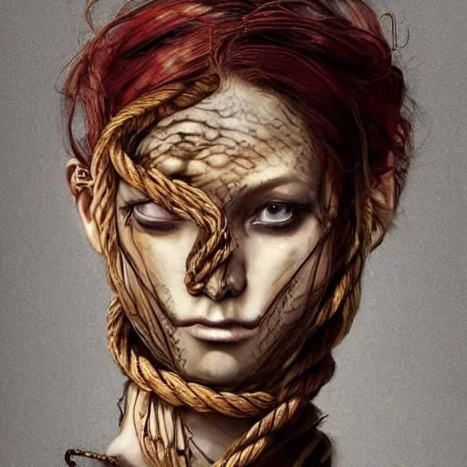 Image similar to portrait of a Shibari rope wrapped face and neck, headshot, insanely nice professional hair style, dramatic hair color, digital painting, of a old 15th century, old cyborg merchant, amber jewels, baroque, ornate clothing, scifi, realistic, hyperdetailed, chiaroscuro, concept art, art by Franz Hals and Jon Foster and Ayami Kojima and Amano and Karol Bak,