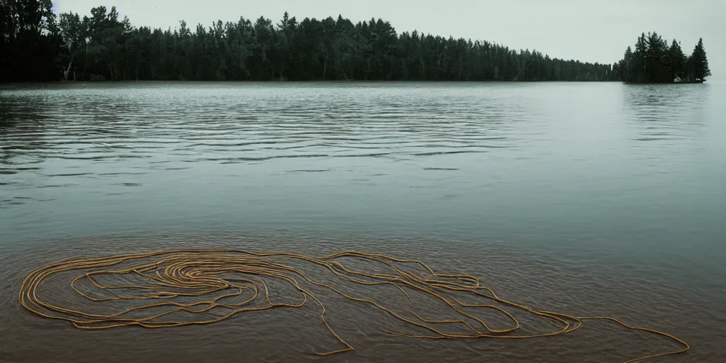 Prompt: centered photograph of a single line of thick brown long rope floating on the surface sunken stretching out to the center of the lake, a dark lake sandy shore on a cloudy day, color film, trees in the background, hyper - detailed kodak color film photo, anamorphic lens