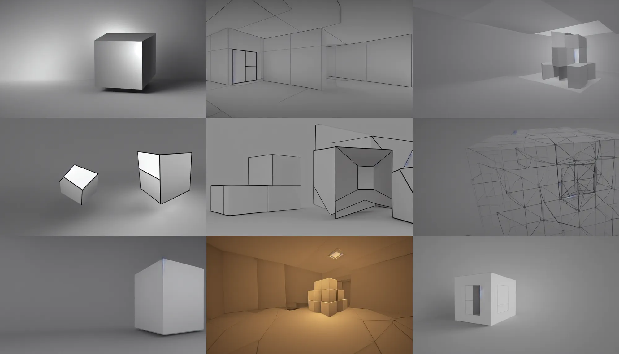 Prompt: cube in room, geometry, volumetric lighting