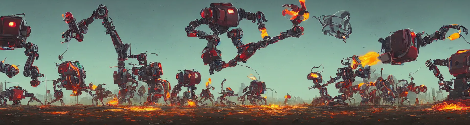 Prompt: fantastic robots fighting with each other in new zealand, dynamic scene, work in the style of simon stalenhag, 2 k