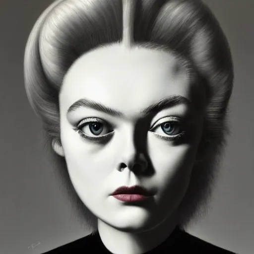 Prompt: A surrealist masterpiece head and shoulders portrait of Elle Fanning, by Dali. 8K. Extremely detailed.