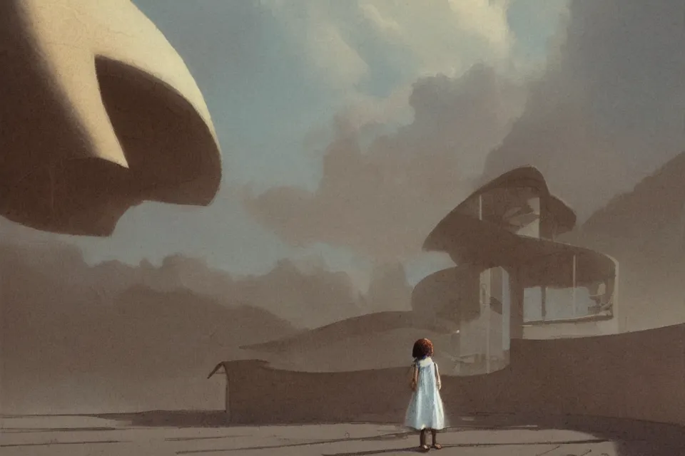 Image similar to atmospheric painting of a giant seashell house, a young girl stands outside, by moebius and john harris, atmospheric blues, concept art, saturation 40