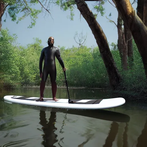 Image similar to mr worf paddleboarding in swamp by highway man painting, photorealistic, high resolution, vray, hdr, hyper detailed, insane details, intricate, elite, ornate, elegant, luxury, dramatic lighting, octane render, weta digital, micro details, 3 d sculpture