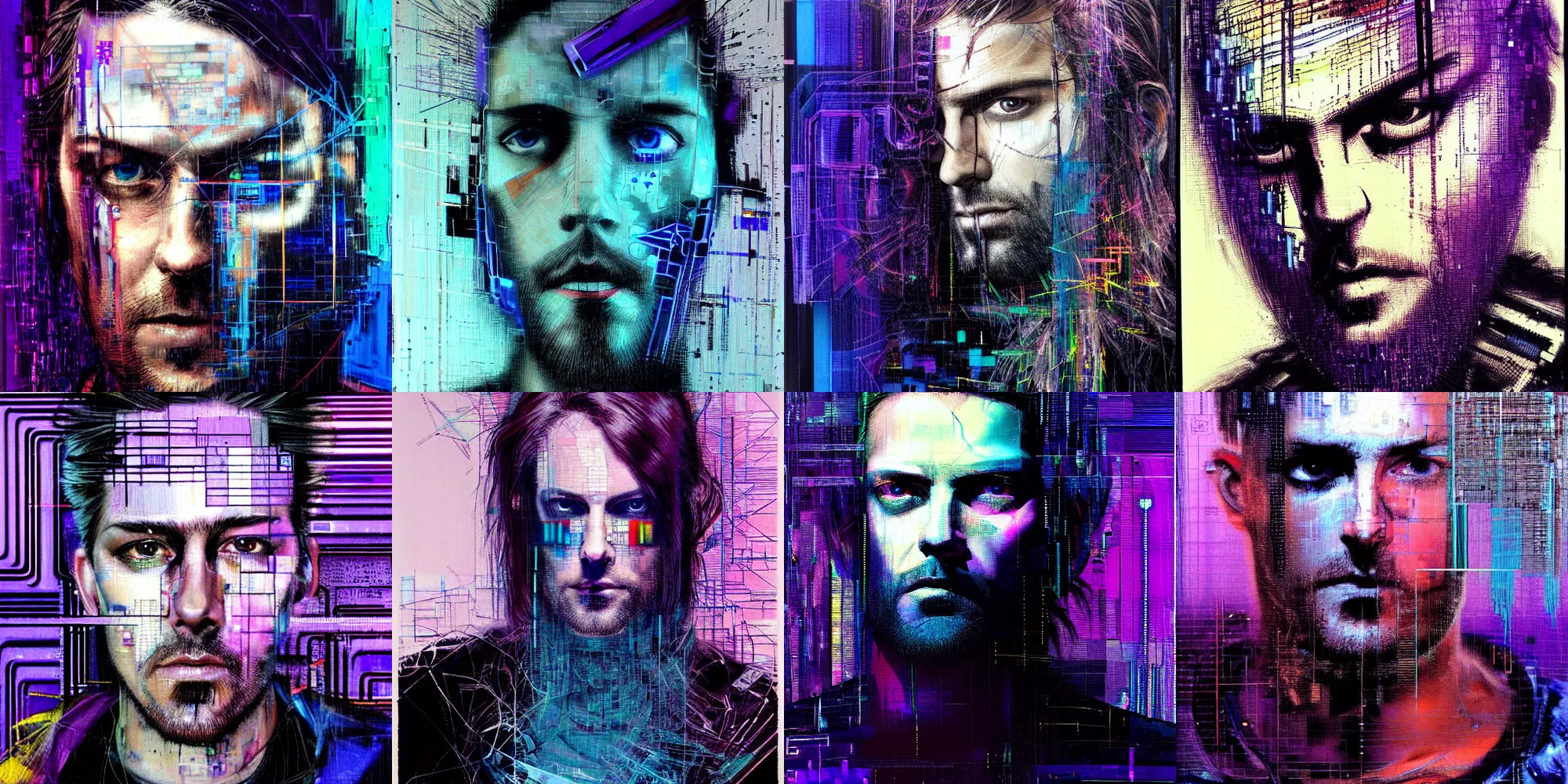 Prompt: hyperrealistic portrait of a cyberpunk character, adult man, long hair, by Guy Denning, Johannes Itten, Derek Gores, Russ Mills, glitch art, fine detail, polished, computation, complex, hacking effects, holographic, digital tech effects, blue and violet, color blocking!, realistic, acrylic on canvas, concept art, abstract!, symmetrical, 8k, concept art, octane, photorealistic, cgsociety, trending on artstation