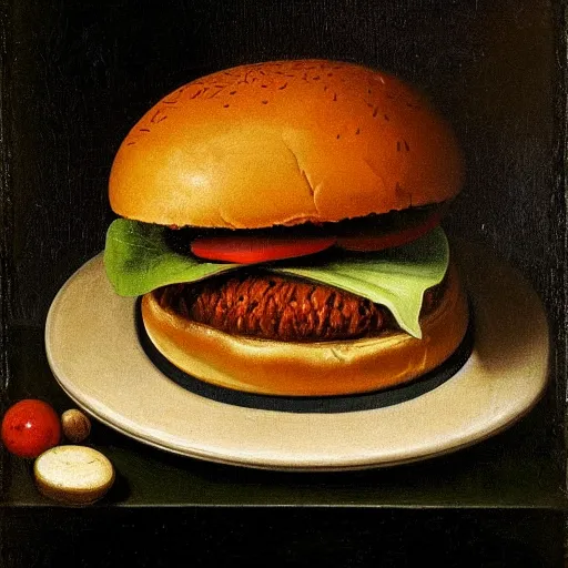 Image similar to hamburger in still life. dutch masters, 1 8 th century. oil on canvas. juicy, fresh, delicious, mouth - watering