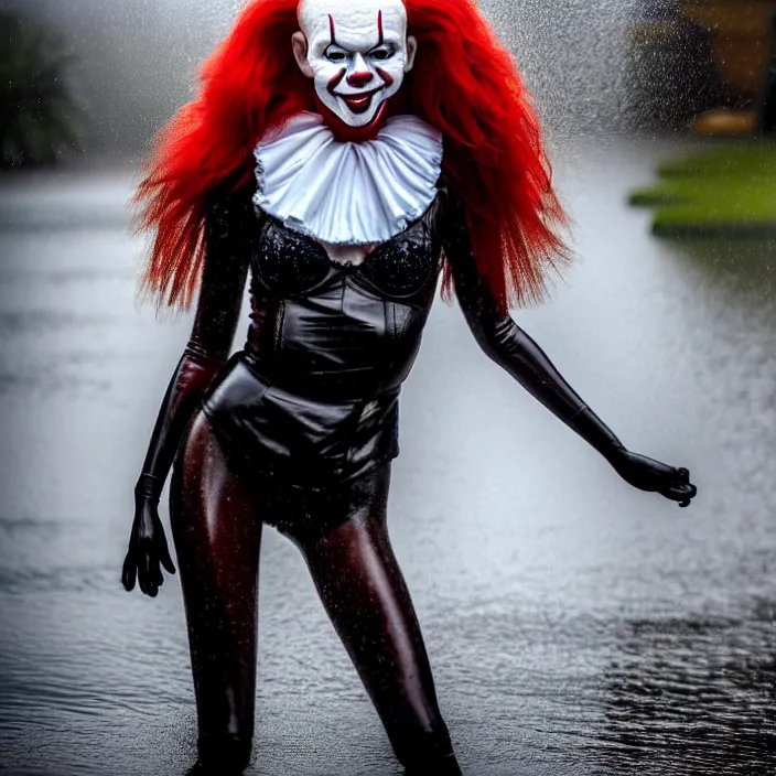 Image similar to fully body pose, photo of a very beautiful!! victoria secret model, pennywise, wet hair, raining, 8 k, hdr, smooth, sharp focus, high resolution, award - winning photo, trending on artstation, dslr, 5 0 mm