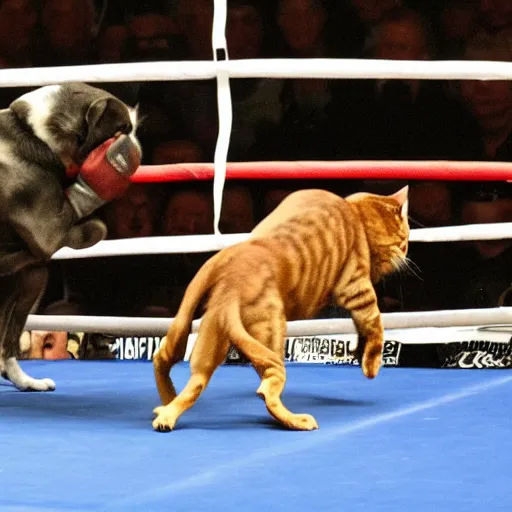 Prompt: a dog winning a boxing match against a cat