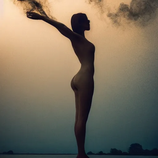 Image similar to modern sculpture of a beautiful woman on the rain, on a lake, faith, full body, low angle, night, surrounded by smoke, shadows, award winning photography