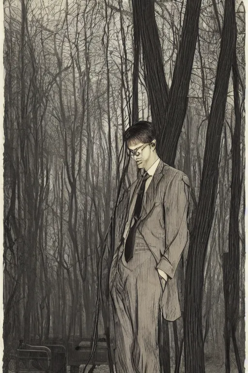 Image similar to close up portrait of slender - man wearing a suit, in a deserted playground in the woods, by frantisek kupka, intricate, miles johnston, kuroda seiki, cynical realism, ozabu, john william godward, painterly, yoshitaka amano, moebius, miles johnston, louise zhang, james jean, mark ryden