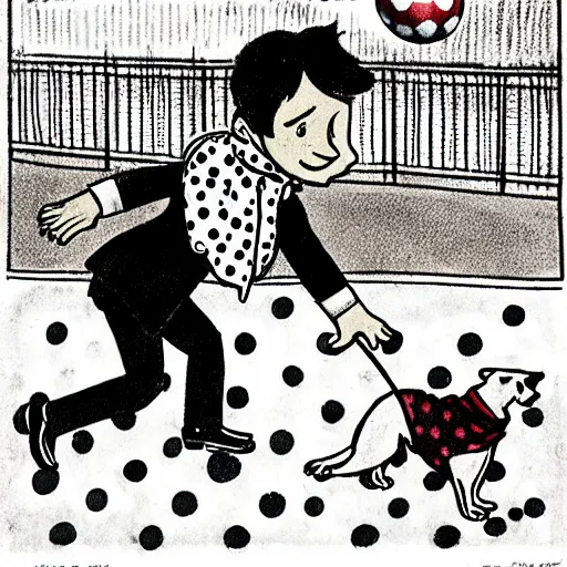 Image similar to illustration of french boy on the streets of paris playing football against a corgi, the dog is wearing a polka dot scarf, comic, 1 9 7 2