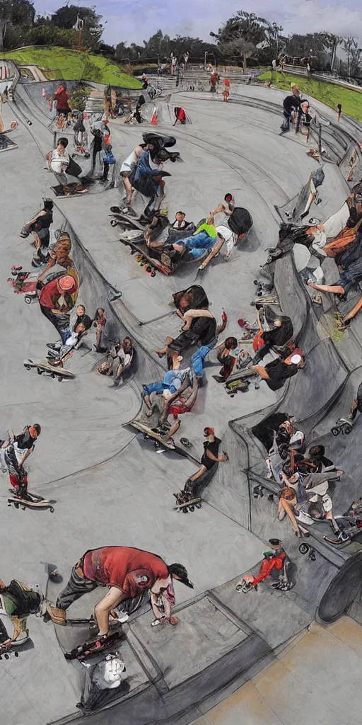 Image similar to oil painting scene skatepark with skaters and ramp by kim jung gi