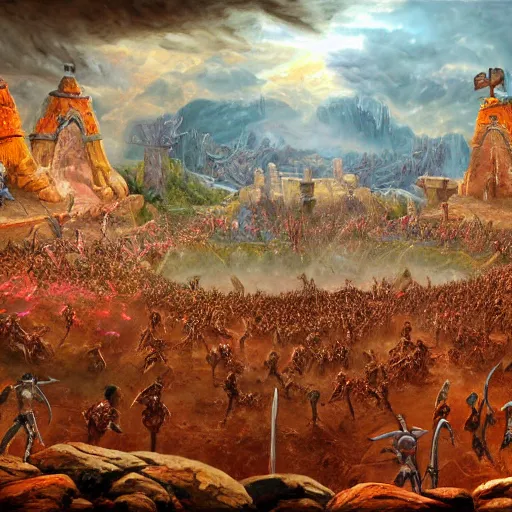 Image similar to arena gladiator battle to cheering crowd on ancient post - apocalyptic planet, jim henson creature shop, vivid and colorful, thomas kincaid, cinematic, oil painting, highly detailed, illustration