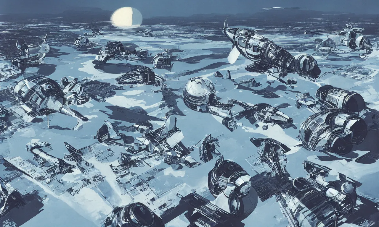 Prompt: Aerial view of an expedition into the frozen wasteland on an alien planet by Syd Mead, Federico Pelat