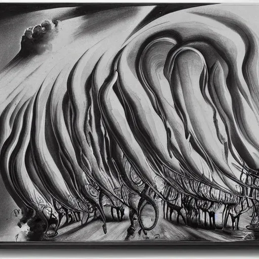 Prompt: An abstract painting of a tornado made of elephants and pianos by Salvador Dali, black and white color palette, dusk