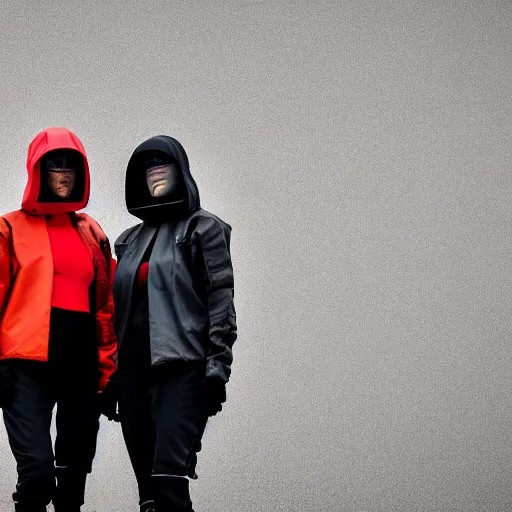 Prompt: photographic portrait of 2 techwear women in front of a brutalist metal building, on a desolate plain, red sky, sigma 8 5 mm f / 1. 4, 4 k, depth of field, high resolution, octane render 4 k, 8 k, hd, full color, trending on artstation