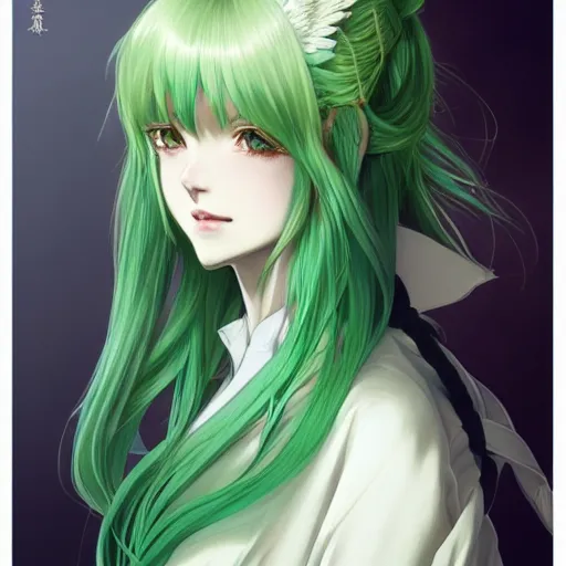 Image similar to adult girl with long light green hair, light green eyes, a small pigtail on the left side, chinese dress, anime style, hyper detailed, illustration, digital painting, art by artgerm and greg rutkowski and alphonse mucha, high delicate defined details, anime stylized, highly detailed, realistic, sharp focus