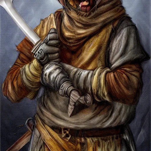 Prompt: a high detail shot of a dirty, homeless humanoid cat wearing rags, holstering sword, realism, 8 k, fantasy, d & d, concept art