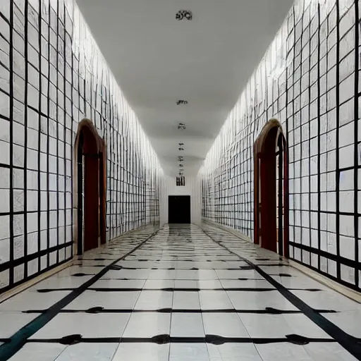 Prompt: photo of a vast interior space of irregular rooms and corridors. ceramic white tiles on all the walls.