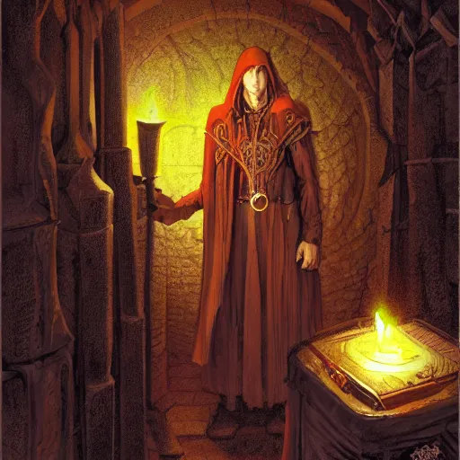 Image similar to digital painting of a sorcerer in a dungeon by Gerald Brom, hyperdetailed, intricate robe, torches, trending on Artstation