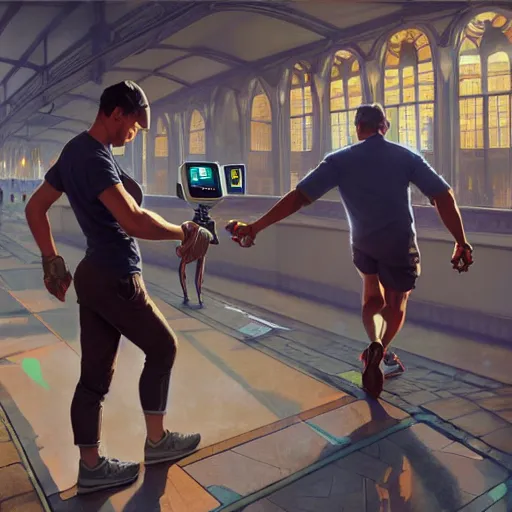 Image similar to beautiful digital painting of man helping robot run a marathon, high detail, 8 k, stunning detail, works by artgerm, greg rutkowski and alphonse mucha, unreal engine 5, 4 k uhd