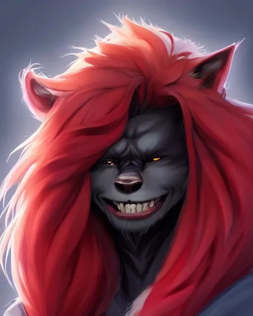 Image similar to character concept art of a black anthropomorphic furry male wolf with long red hair | | cute - fine - face, pretty face, key visual, realistic shaded perfect face, fine details by stanley artgerm lau, wlop, rossdraws, james jean, andrei riabovitchev, marc simonetti, and sakimichan, artstation