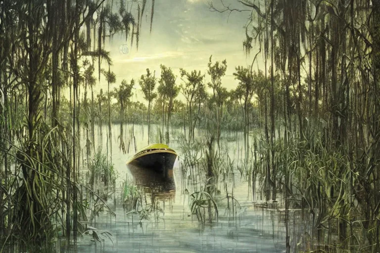 Image similar to hyperrealism oil painting, scene from louisiana swamps, spaceship sank, hemp garden, true detective, artwork 8 0 s japanese sci - fi books art