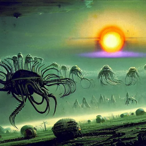 Prompt: earth under attack by giant alien locusts, bruce pennington, h r giger, rene magritte, vibrant colors, gorgeous lighting, highly detailed, 4, 4 k rtx hdr volume light concept studio matte painting environement digital