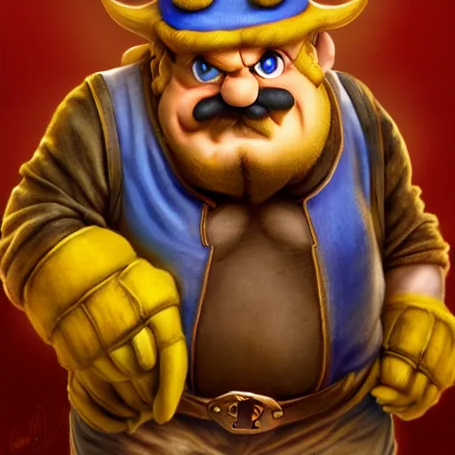 Image similar to Game screenshot of Gérard Depardieu as Wario, nintendo, fantasy, highly detailed, digital painting, artstation, concept art, sharp focus, illustration, art by Tony Sart and artgerm and randy vargas