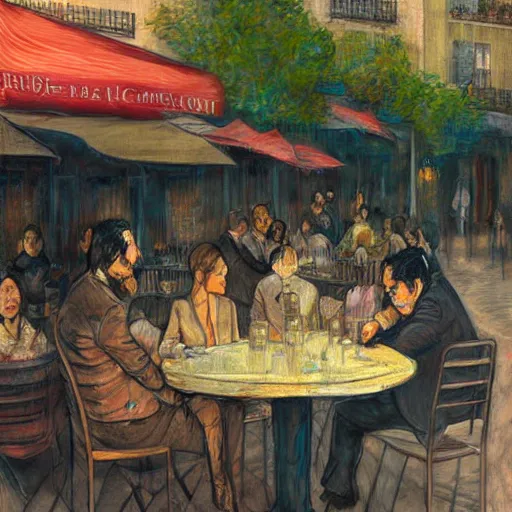 Image similar to klingon sitting at outdoor table at vintage paris cafe, digital painting, soft focus, greg rutkowski, toulouse - lautrec, john howe.