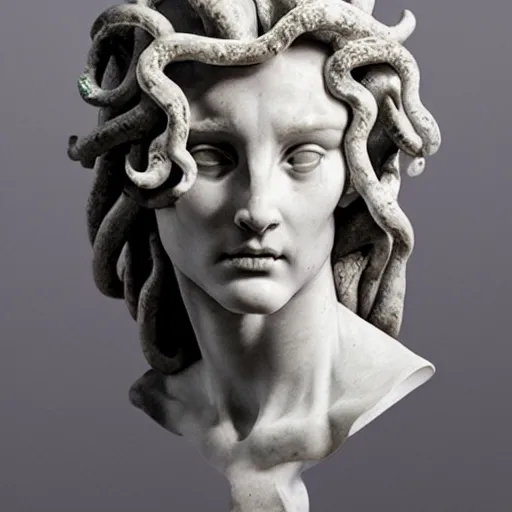 Image similar to medusa sculpture hyperrealistic style made by michelangelo, made with carrara marble