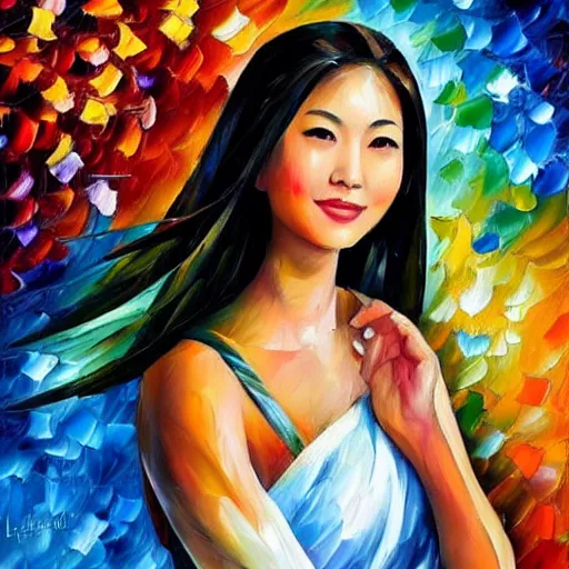 Image similar to a leonid afremov oil painting of a beautiful asian girl