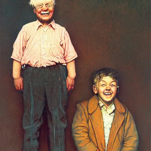 Prompt: Painting of a young boy who is happy and behind him is a old man who is sad, by Norman Rockwell & Zdzisław Beksiński