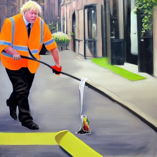 Image similar to An oil painting of Boris Johnson doing community service in a high vis vest, he is picking litter on a British street