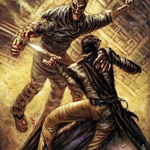 Prompt: Frankenstein vs the mummy by Greg Staples