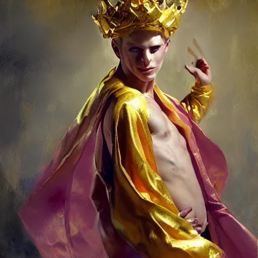 Prompt: hyperrealist portrait of an androgynous demon wearing silk robes and a golden crown. by daniel f. gerhartz, fantasy art, photo realistic, dynamic lighting