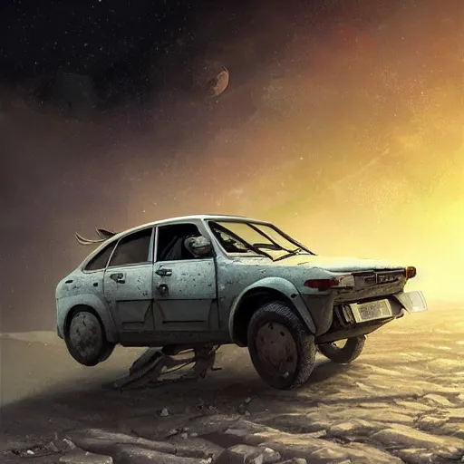 Image similar to pfuturistic lada car on the street of a Russian sleeping quarters on the moon, Norilsk, sci-fi, fantasy, intricate, very very beautiful, elegant, highly detailed, digital painting, artstation, concept art, smooth, sharp focus, illustration, art by artgerm and greg rutkowski and alphonse mucha